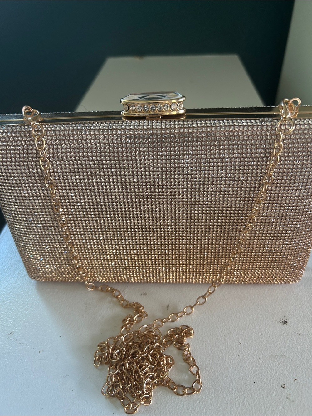 Gold Crystal Evening Clutch with Detachable Chain